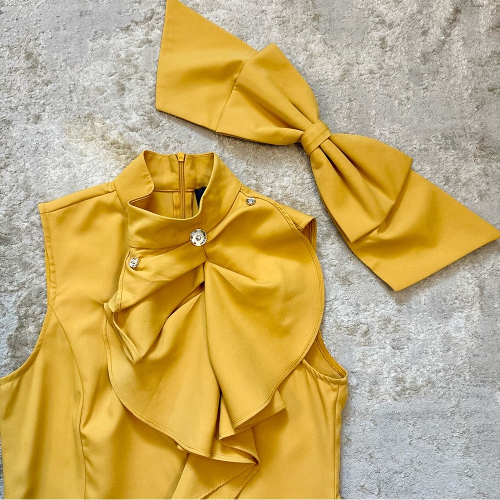 Gracia Big Bow Ruffle Mustard Yellow Sleeveless Top Size Small - Picture 6 of 9